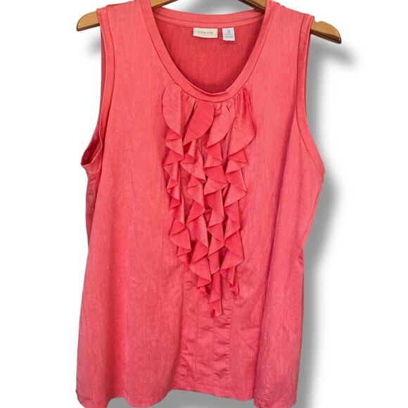 Chico's Top Women's 3 (XL) Calypso Coral Sleeveless Ruffle Front Liquid Knit - Picture 2 of 7